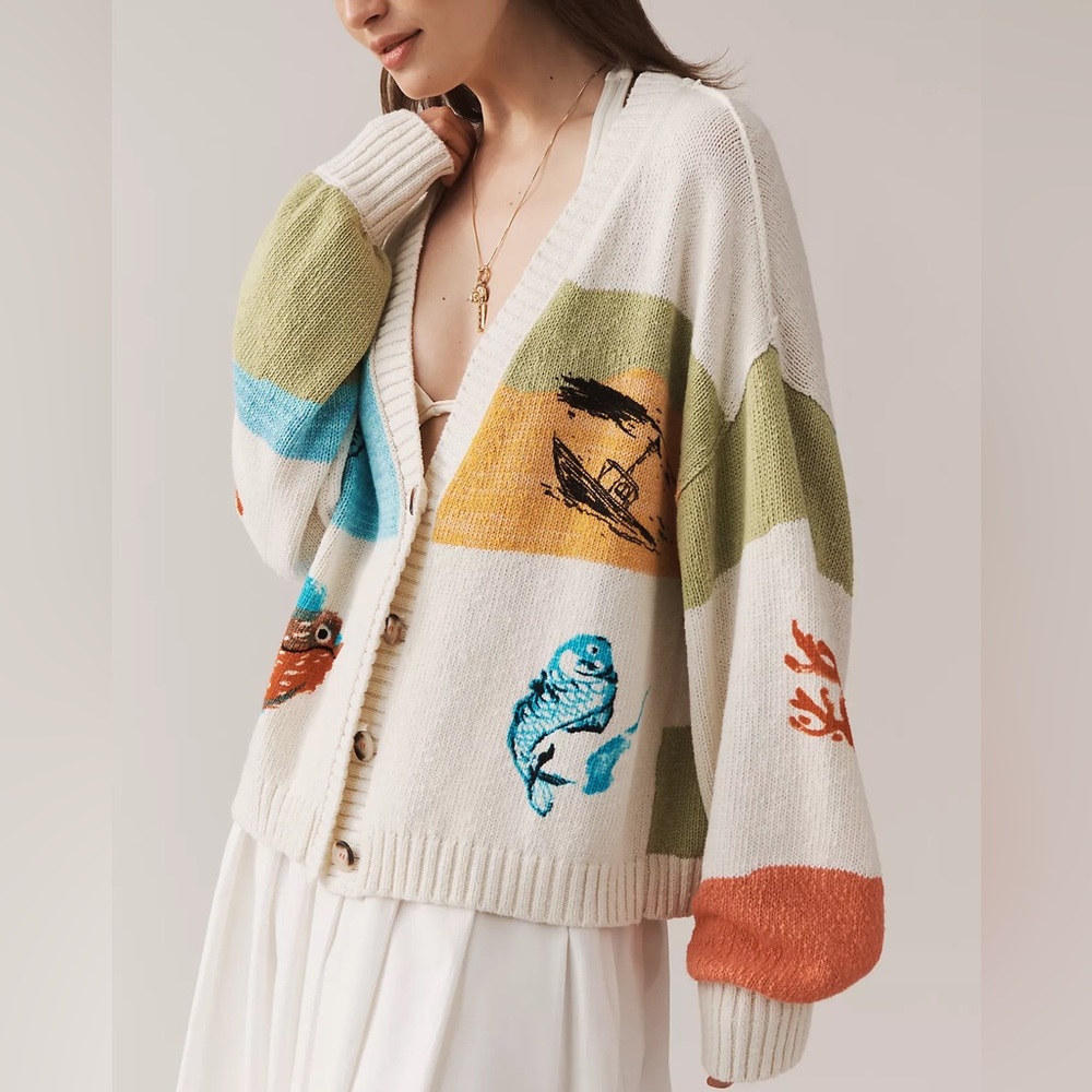 Pilcro Cream Cardigan with Green, Blue, Orange & Yellow Motifs